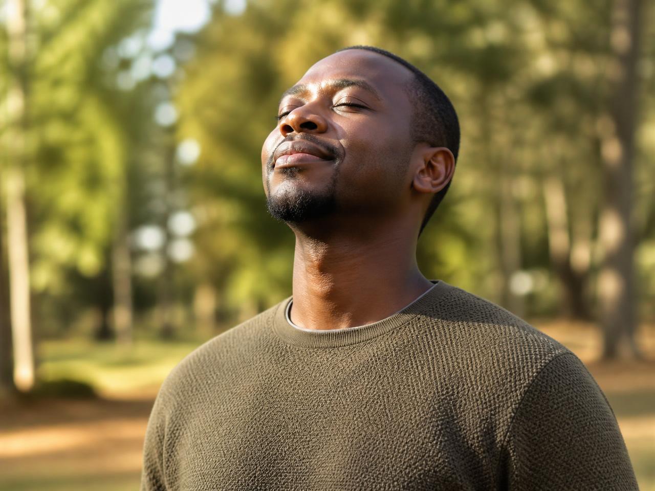A man outdoors in morning sunlight, eyes closed and breathing deeply with a calm smile