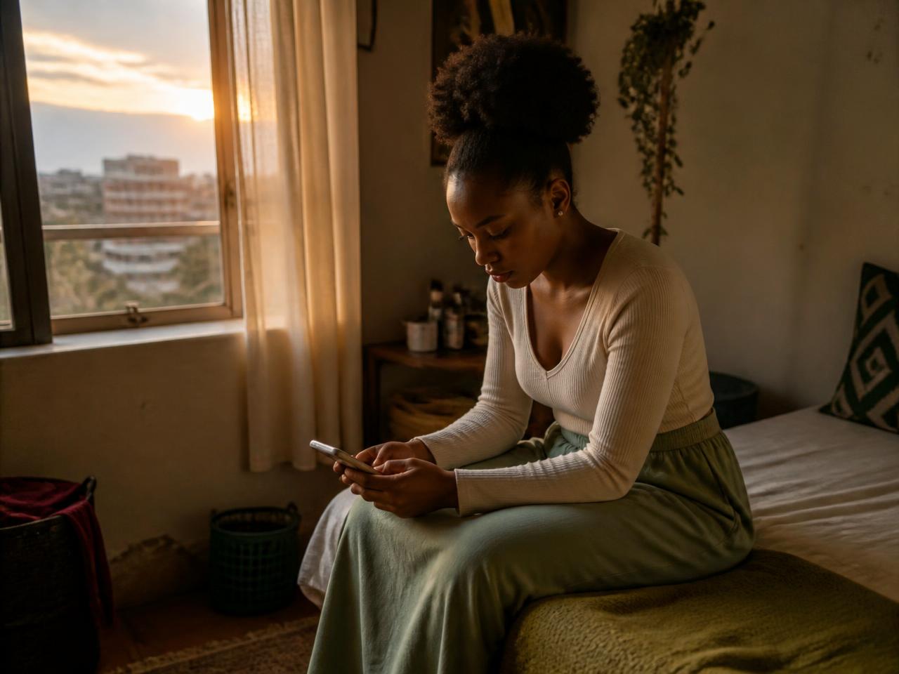 A young woman sitting alone at dusk, holding her phone as she decides to look for support