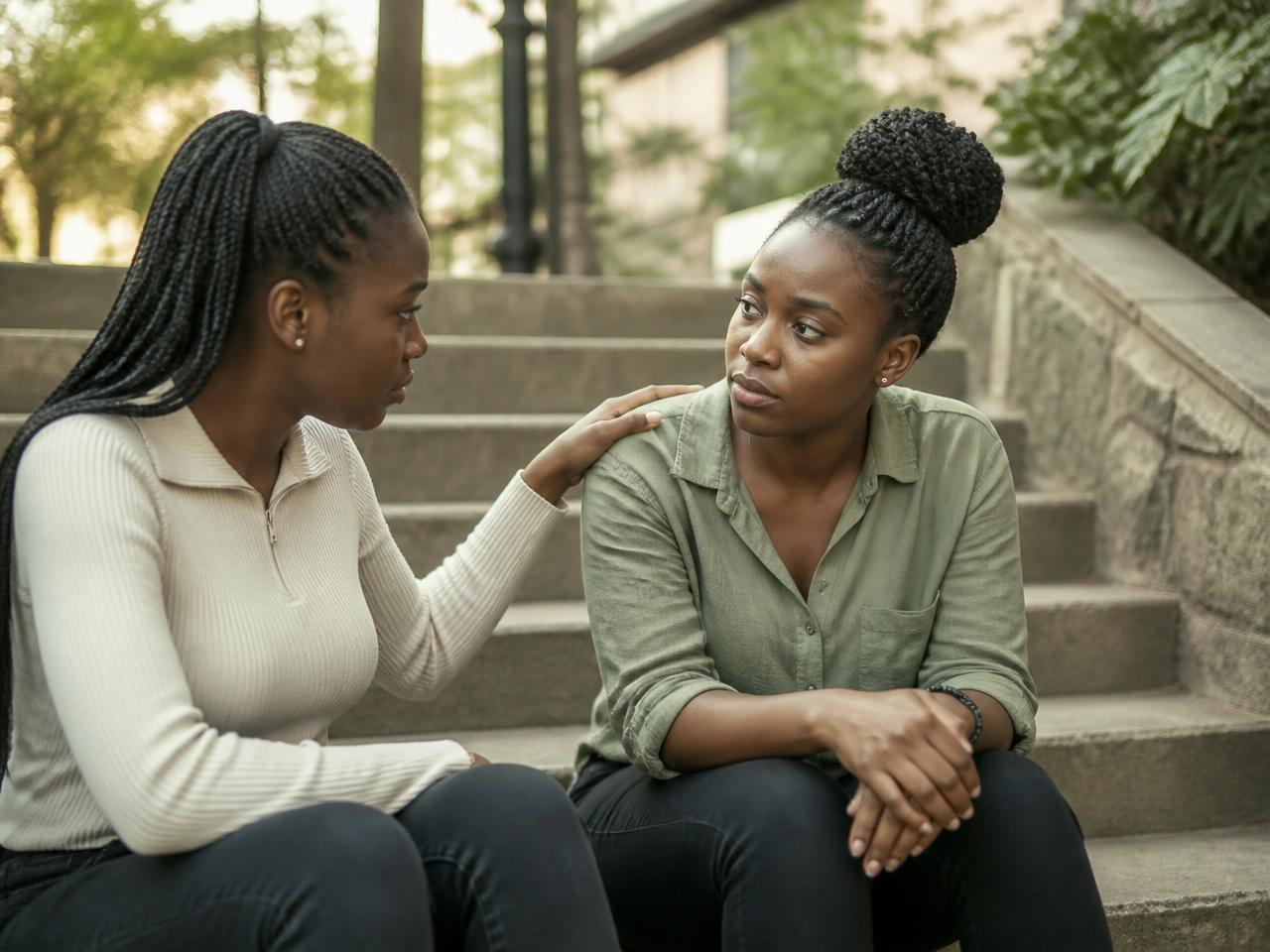 Two friends on outdoor steps, one listening closely with a hand on the other's shoulder
