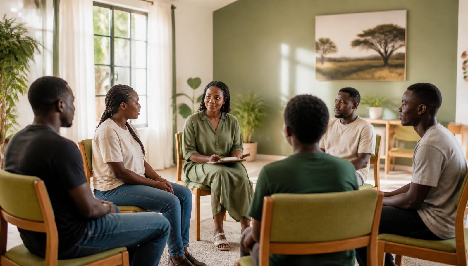 Group therapy circle in a sunlit Kenyan rehabilitation centre
